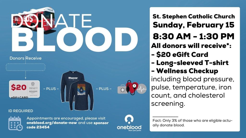 Donate Blood Feb. 15th, 8:30am-1pm